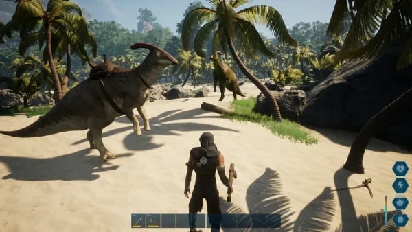 Athos player taming and riding a dinosaur on a dedicated server