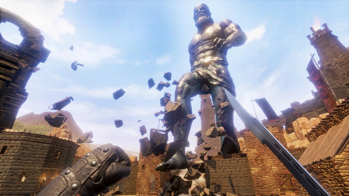 Conan Exiles players fighting a god as he tramples a city on a multiplayer server