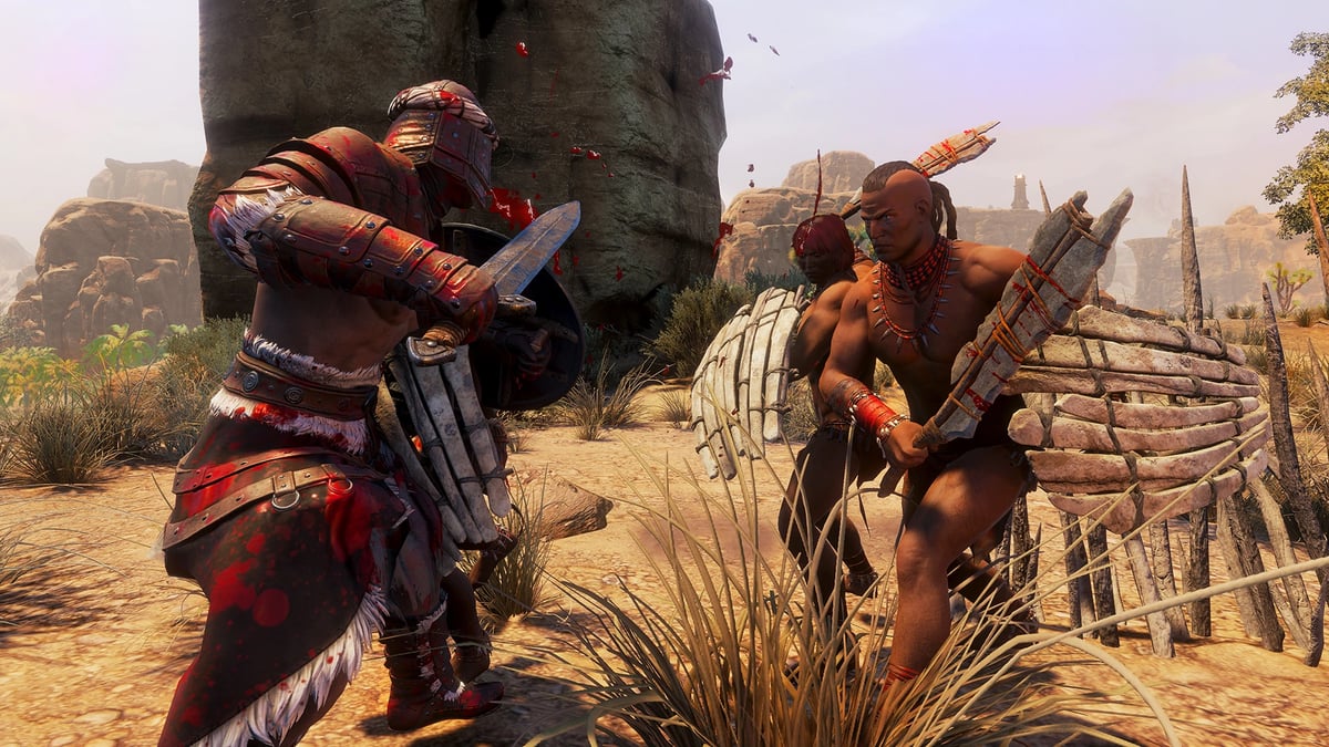 Conan Exiles players on a pvp multiplayer server having a dual with swords