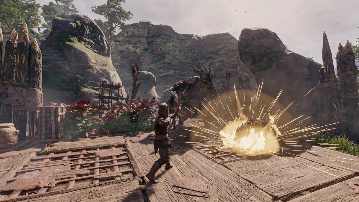 Enshrouded players fighting a boss on a multiplayer dedicated server