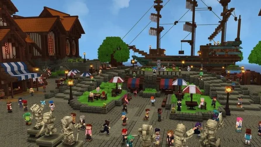 Hytale players exploring a social hub together on a multiplayer dedicated server