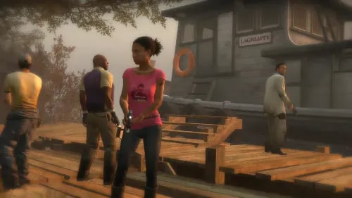 Left 4 Dead 2 survivors fighting through a Campaign together on a multiplayer server