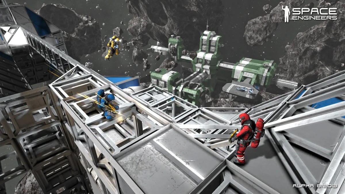 Space Engineers players fixing a spaceship together on a multiplayer server