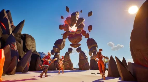 Voyagers Of Nera players fighting an ancient guardian boss together on a multiplayer server