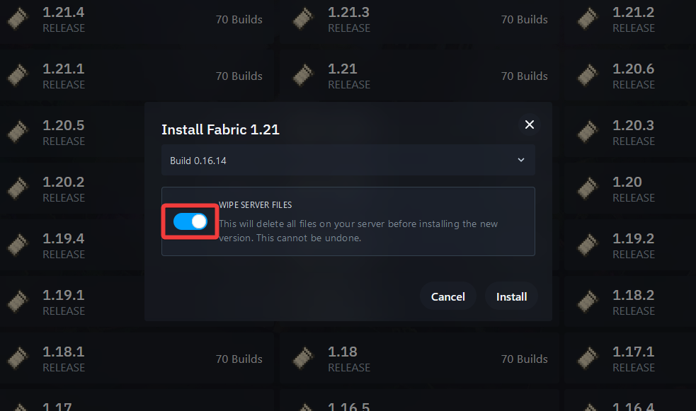 Enabling the Wipe Server Files toggle on the Wabbanode panel