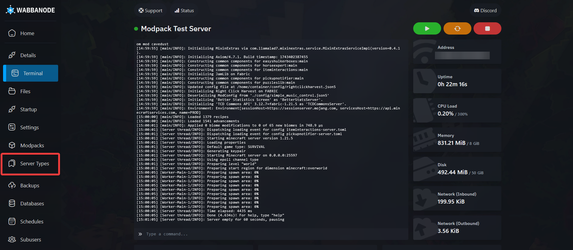 Browsing available Minecraft server types