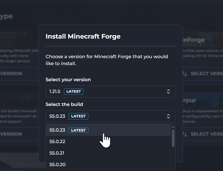 Viewing available Minecraft Forge versions