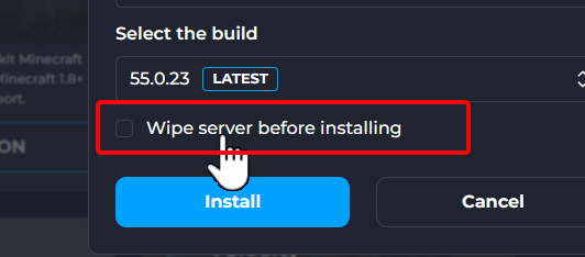 Enabling the Wipe Server Files toggle on the Wabbanode panel