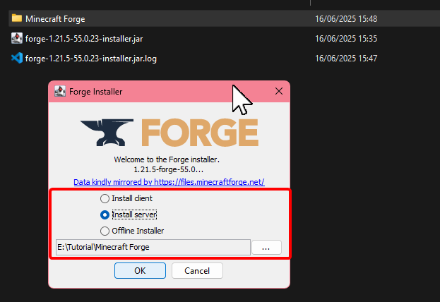 Minecraft Forge server files selection
