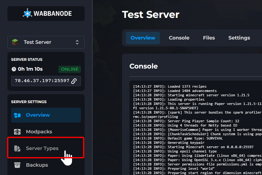 Browsing available Minecraft server types