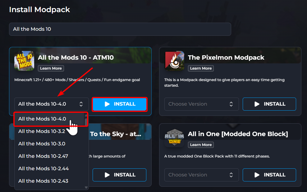 Choosing ATM10 Modpack Version