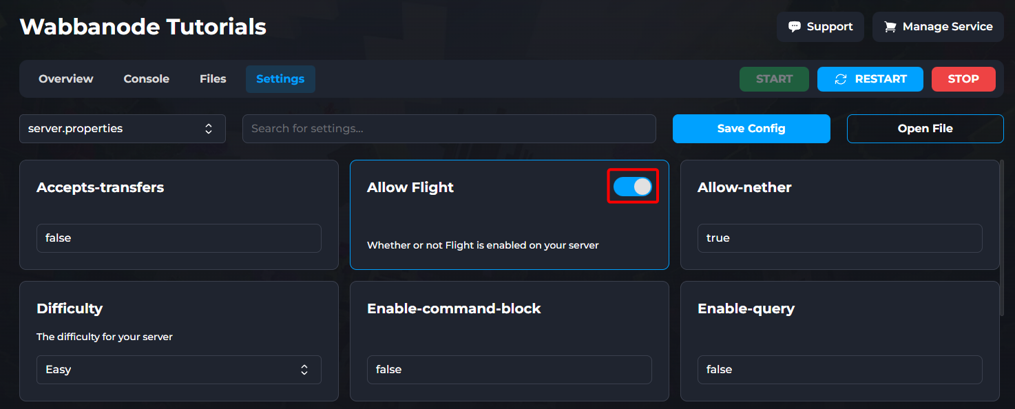 Enabling flight on a Minecraft server using the Wabbanode Panel