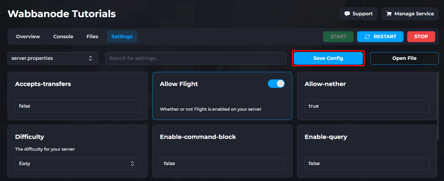 Saving config changes to the server.properties file of a Minecraft Server on the Wabbanode Panel