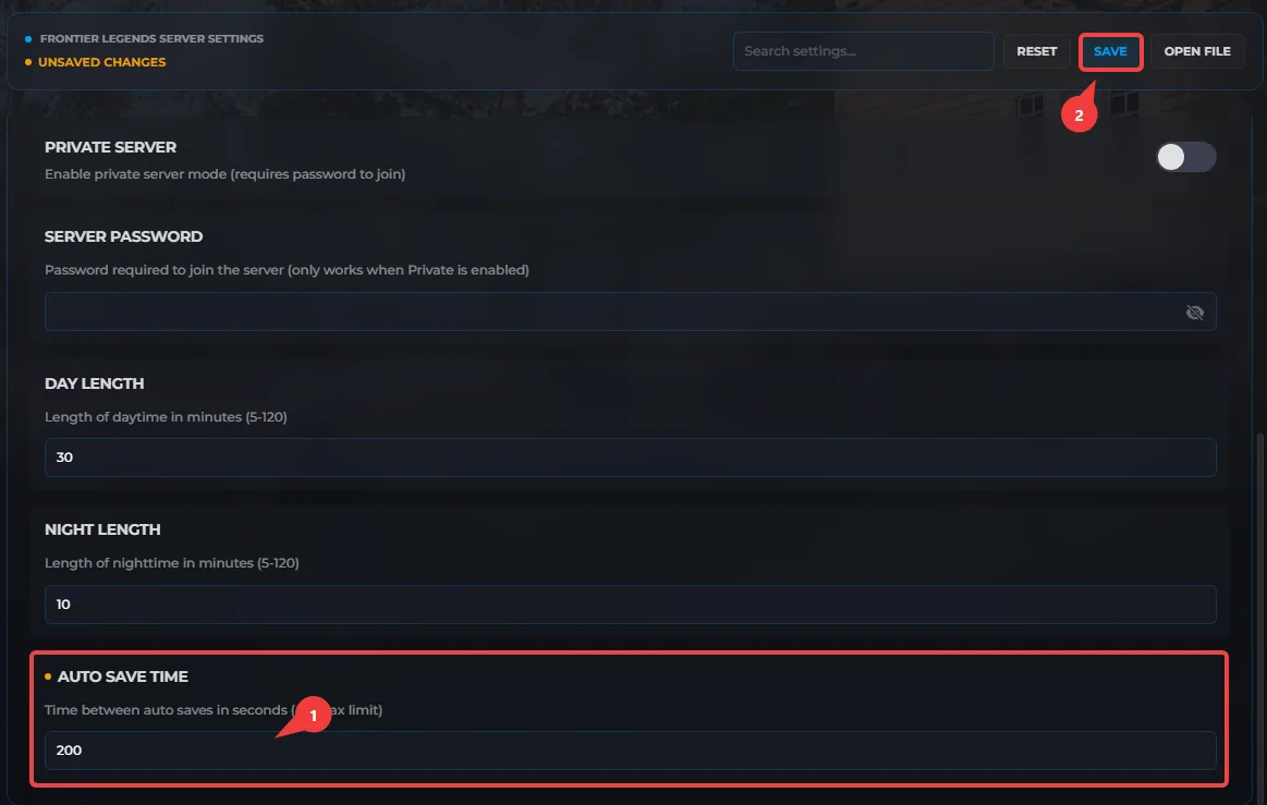 Change the Auto Save Timer on your Frontier Legends server