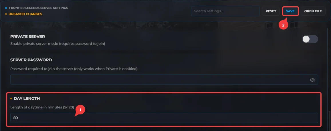 Changing the Day Length setting on a Frontier Legends server