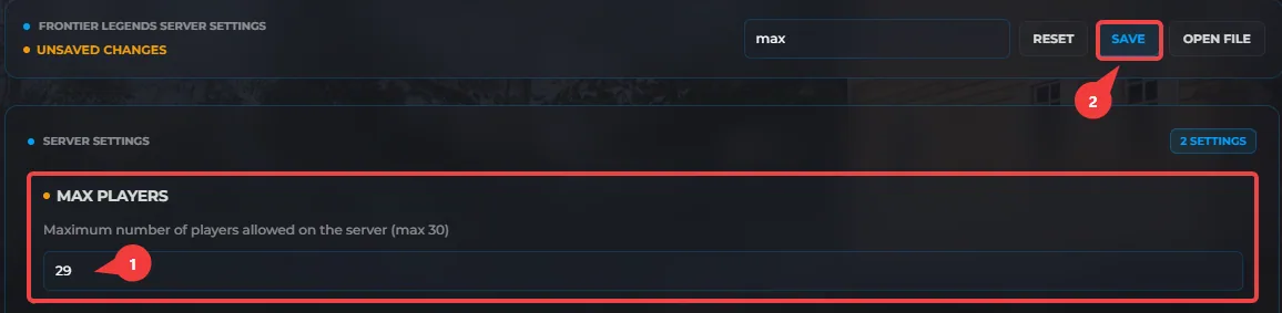 Changing the number of players allowed to connect on your Frontier Legends server