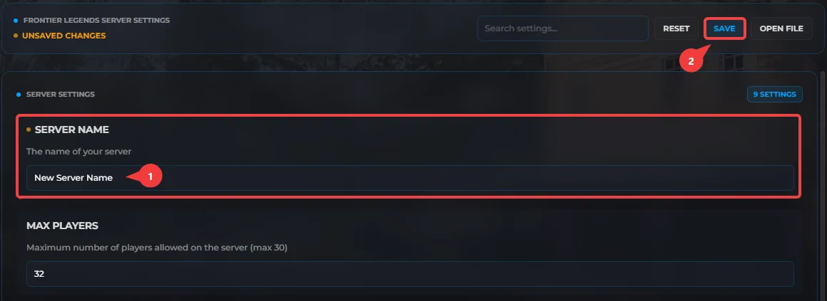 Changing your server name on your Frontier Legends server
