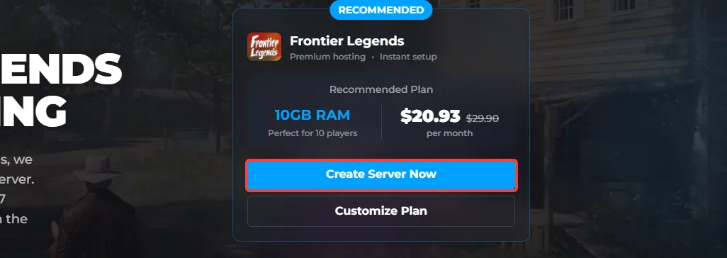 Creating a server on the Frontier Legends Plan Page
