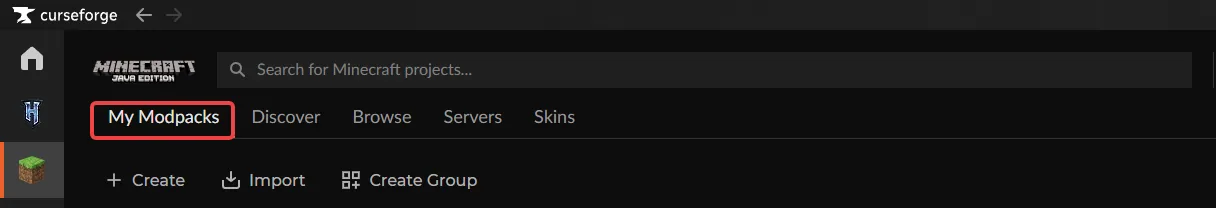 Curseforge My Modpacks tab