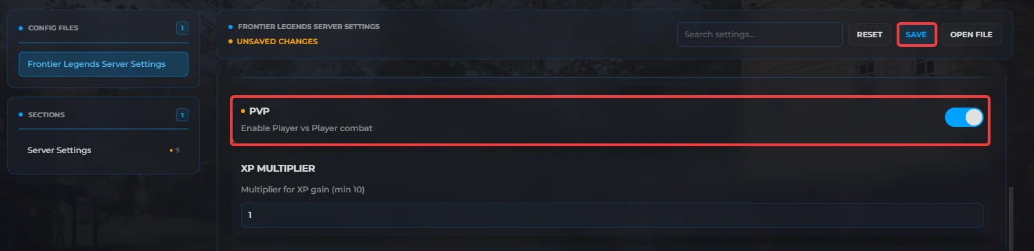 Enabling the PVP setting on your frontier legends server