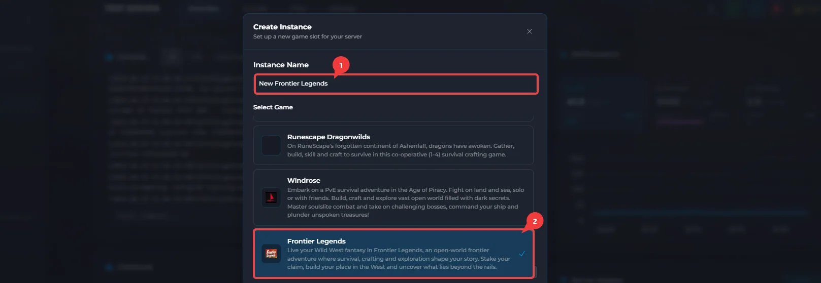Frontier Legends game selector on the Wabbanode panel