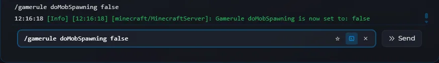 Minecraft server console showing the /gamerule doMobSpawning false command and its response confirming mob spawning is disabled