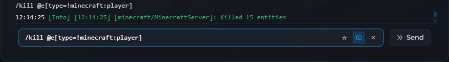 Minecraft server console showing the /kill @e[type=!minecraft:player] command and the killed entities response
