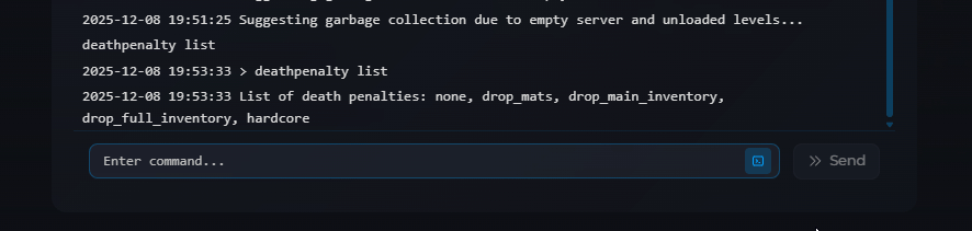 Executing the deathpenalty command in Necesse server console