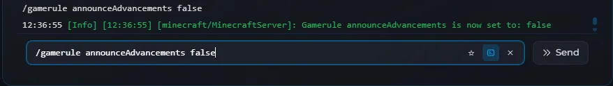 Running /gamerule announceAdvancements false in the Minecraft server console to disable advancement announcements
