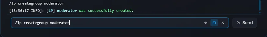 Running the LuckPerms creategroup command in the console, confirming "moderator was successfully created"