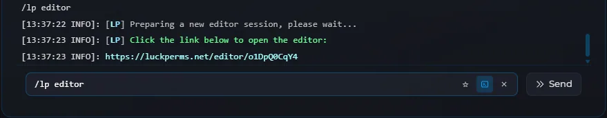 Running the LuckPerms web editor command and receiving the generated luckperms.net editor link in console