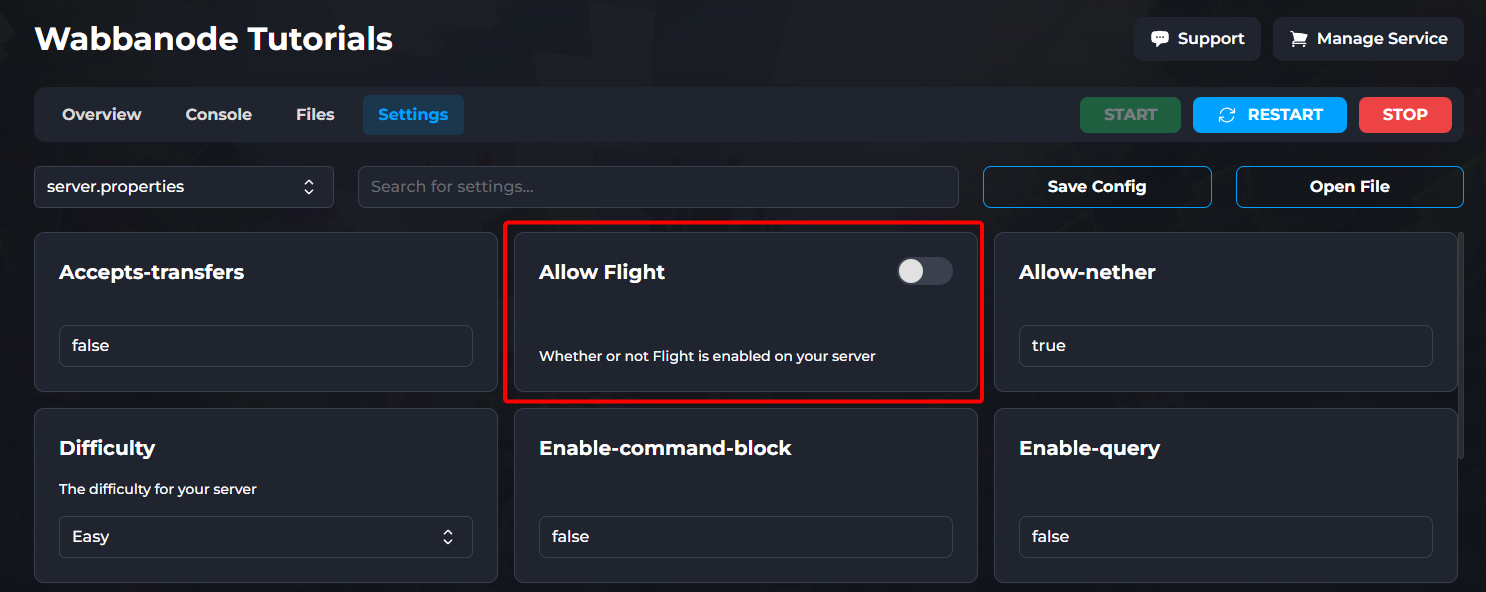 Locating the Allow Flight option in server.properties for a Minecraft Server